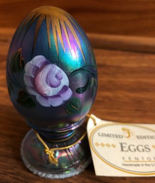 Fenton Glass Egg Iridescent Blue Hand Painted Flowers Signed S.  Smith With Tag