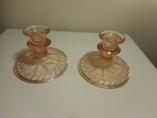 Set Of 2 Vintage Pink Depression Glass Etched Pressed Glass Candle Stick Holders