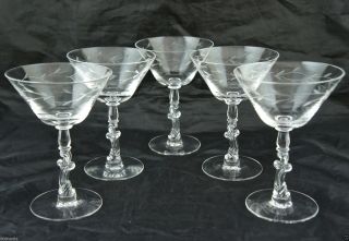 Vintage Depression Martini Or Champagne Etched Glass Set 5 Fancy Stem Stemware