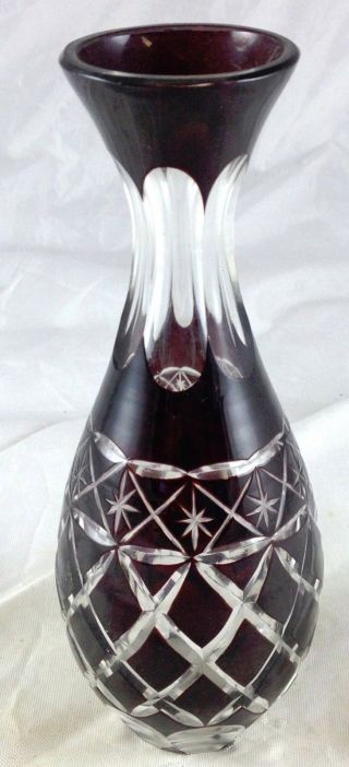 Dark Ruby Red Cut Crystal Clear Glass Bulb Diamond Lattice Star Pattern Bud Vase