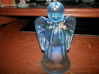 6 " Blue Fenton Irridescent Carnival Glass Angel Bell Holding Gold Butterfly