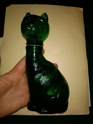 Vintage Cat Emerald Green Glass Decanter Bottle W Stopper Made In Taiwan