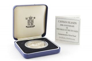 1994 Cayman Islands Sterling Silver Pf 2 Dollars - Wreck Of Ten Sails 072