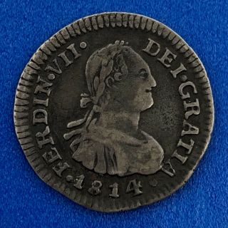 1814 Fj Republic Of Chile 1/2 Real Colonial Silver Coinage Better Santiago Coin