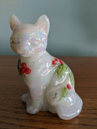 Fenton Sitting Cat White Iridescent With Holly Leaves And Berries Painted On.