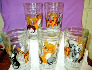 5 Vintage Glasses Dancing Cats On Fence Anchor Hocking 6” Jelly Jars Drinking
