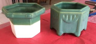 Roseville ? Mission Arts Crafts Pottery Matte Green Hexagonal Planter W/ Liner 2