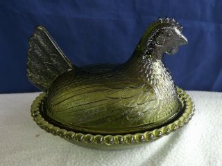 Vintage Indiana Glass Hen On Nest Chicken Covered Dish Olive Green Beaded