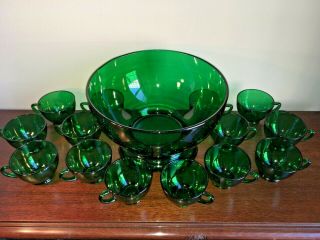 14 Pc Anchor Hocking Forest Green Punch Bowl Set & Stand With 12 Cups 1950 
