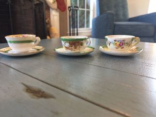 Three Mini Tea Cups And Saucers Occupied Japan Green Vintage
