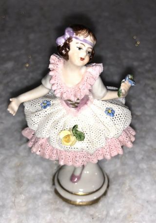Dresden Lace Figurine Holding Flower Ballerina 4.  5 " Porcelain Volkstedt Germany