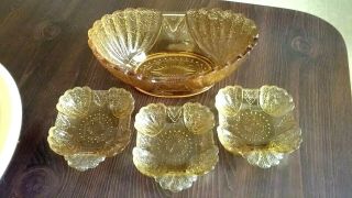 Vintage Delicate Scallop Trimmed Amber Glass Serving Bowl & 3 Serving Trays