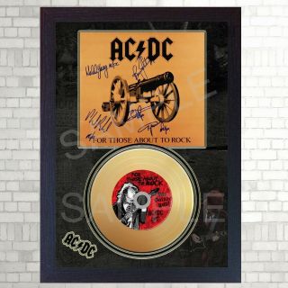 Acdc For Those About To Rock Mini Gold Vinyl Cd Record Signed Framed Print