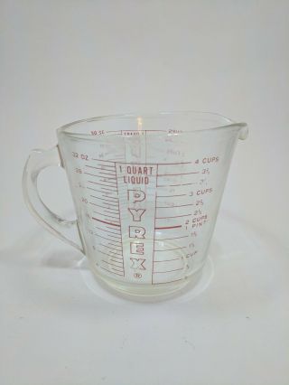 Vintage Pyrex D Handle 4 - Cup,  1 - Quart Red Lettering Glass Measuring Cup 532