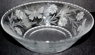 Heisey Glass 8 " Cut & Etched Butterfly & Flower Bowl Scallop Edge Dish Signed H