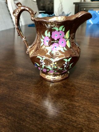 Staffordshire 6” Copper Lusterware Pitcher Ewer Painted Flowers 1800’s