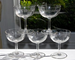 Set Of 5 Vintage Crystal Champagne Coupes/sherbets - Star & Vertical Cut 10.  9cm