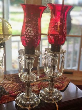 Vintage Set Of Electric Lamp/light W Crystal Prisms Ruby Red Globes Stand 18