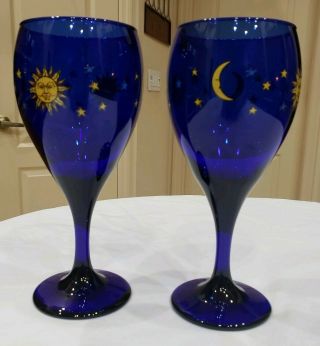Set Of 2 Libbey Celestial Sun Moon Stars Cobalt Blue Wine Glasses Goblets Nwt