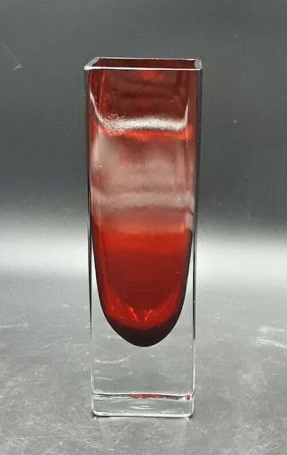 Vintage [murano/whitefriars?] 7 " Red Art Glass Square Vase Clear Weighted Base.