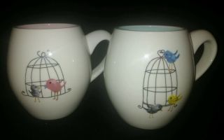 2 Rae Dunn Birds In Cage Chirping Magenta,  Exclusive Mugs - Pink & Blue