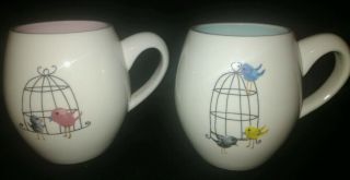 2 RAE DUNN Birds in Cage Chirping Magenta,  Exclusive MUGS - Pink & Blue 2