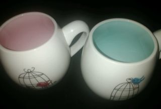 2 RAE DUNN Birds in Cage Chirping Magenta,  Exclusive MUGS - Pink & Blue 3