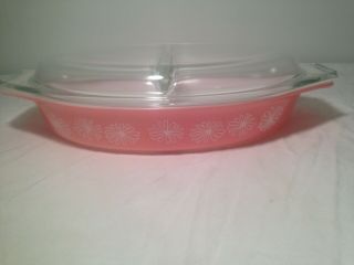 Vtg Pyrex " Pink Daisy " Oval Divided Casserole Dish W.  Lid 1 1/2 Qt