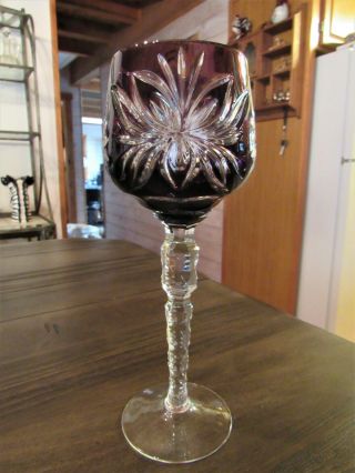 Dark Amethyst Cut To Clear Crystal Bohemian Czech Long Stem Wine Glass Goblet