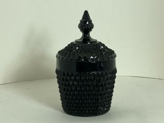 Tiara Glass Black Hobnail Diamond Point Lidded Ice Bucket Or Cookie Jar