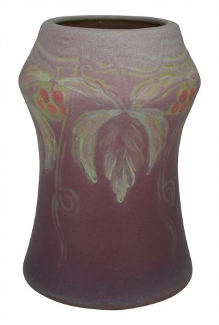 Vintage Weller Pottery Fru Russet Matte Purple Berries And Leaves Ceramic Vase 3