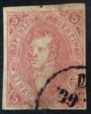 Argentina 1864 5 Cent Red Rivadavia Imperf Stamp Vfu