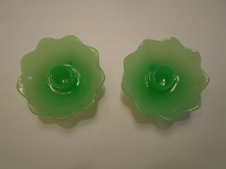 Fenton Jadeite Green Glass Footed Candle Holders Lotus Flower Set of 2 2