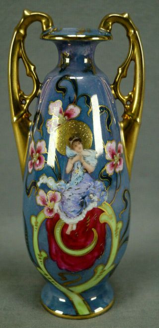 Josef Riedl Royal Vienna Style Blue Purple Luster & Gold Portrait Lady Vase