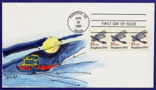Hras H/d,  Hand Painted Ooak :1990 Seaplane Of 1914 W/strip Of 3 Stamps,  Pnc 1