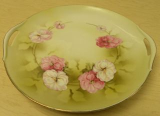 R S Germany Hand Painted Handled Plate,  Green With Pink/white Flowers,  Gold Gilt