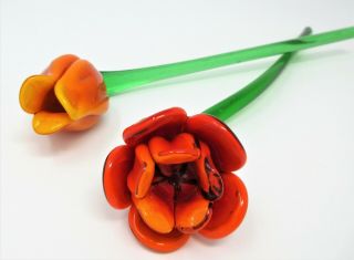 Murano Art Glass Hand Blown Flowers Set Of 2 Orange & Red