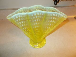 Vintage Fenton Vaseline Opalescent Hobnail Glass Fan Vase.