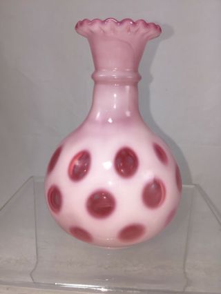 Fenton Glass Vintage White Pink Ruffled Rim Coin Dot Globe Vase 5.  5” Polka Dot