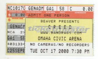 Rare Creed 10/17/00 Omaha Ne Civic Arena Ticket Stub