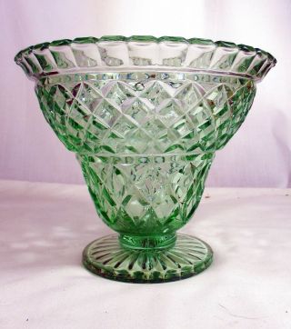 Large Vintage Green Depression Glass Crown Crystal Vase,  Diamond Cut Pattern