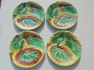 4 Antique Majolica Round Begonia Leaf Plates 8 1/2 "
