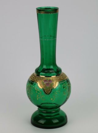 Bohemian Czech Glass Vase Green Gold Gilt Enamel Flowers Art Glass Bud Vase 10 "