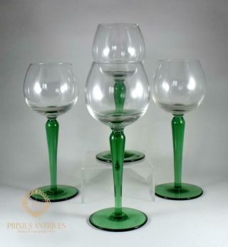 Quality Set Of Four Vintage French Green Stem Wine Glasses
