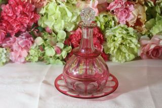 Antique Bohemian Ruby Glass Decanter With Stand,  Gold Flowers
