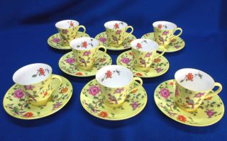 English Crown Staffordshire 16pc Demi Tasse Set Exotic Birds And Florals