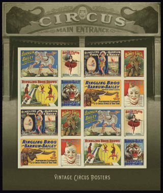 Us 4898 - 4905 4905b Vintage Circus Posters Imperf Sheet Of 16 Vf Nh Mnh