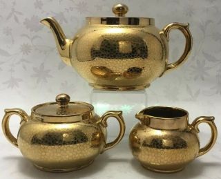Vintage G&s Burslem Tea Set Teapot Creamer Sugar Bowl Heavy Crackle Gold England