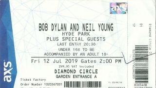 Bob Dylan & Neil Young Concert Ticket - Wembley Arena Friday 12 July 2019