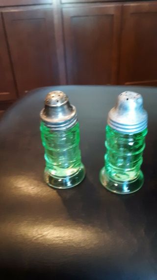 Vintage Green Vaseline Uranium Glass Footed Salt & Pepper Shakers
